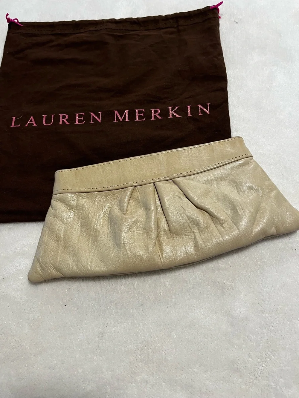 Lauren Merkin Cream Leather Pleated Clutch Handbag w/ Dust Bag